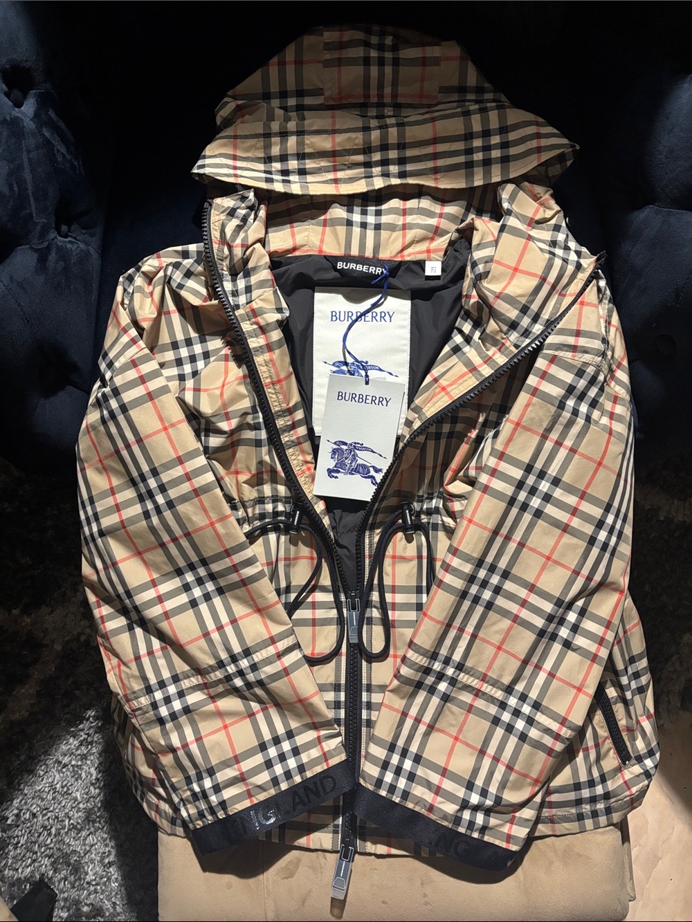 Burberry Beige Nova Check Hooded Windbreaker with Black & Red Accents